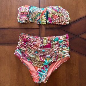 Cremieux Womens High Waisted Bikini Set Bandeau Top Multi Color Abstract Print M